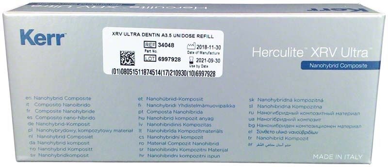 Herculite XRV Ultra Dentin A3,5 Verpackung mit Etikett und Produktdetails.