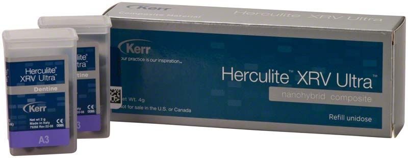 Herculite XRV Ultra Dentin Unidose A3 Verpackung mit Produktname und Logo.