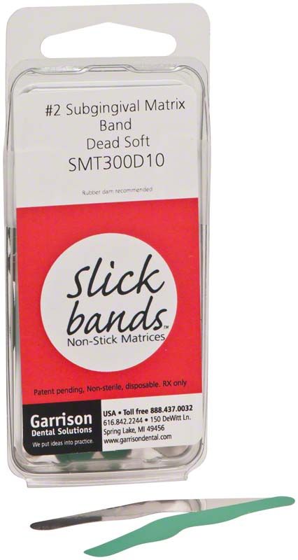 Composi-Tight Slick Bands grün, subgingivale Matrixbänder in Kunststoffverpackung.