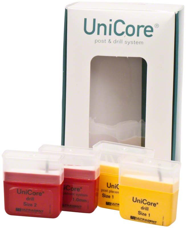 UniCore® Starter Kit mit Bohrergrößen in bunten Behältern und Verpackung.