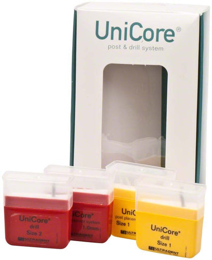 UniCore® Starter Kit mit Bohrergrößen in bunten Behältern und Verpackung.