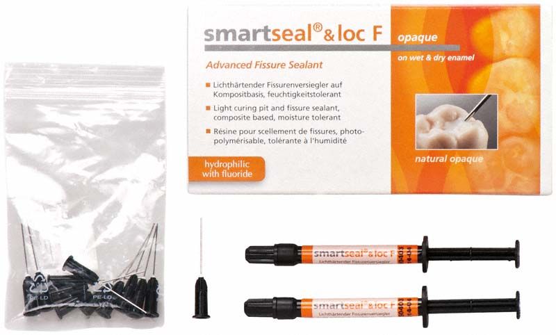smartseal® & loc F Standardpackung mit zwei Spritzen und Nadeln für Fissurenversiegelung.