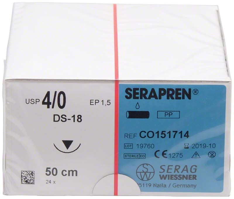 Steriles chirurgisches Nahtmaterial Serapren 4/0 DS018, 0,50m, auf Verpackung.