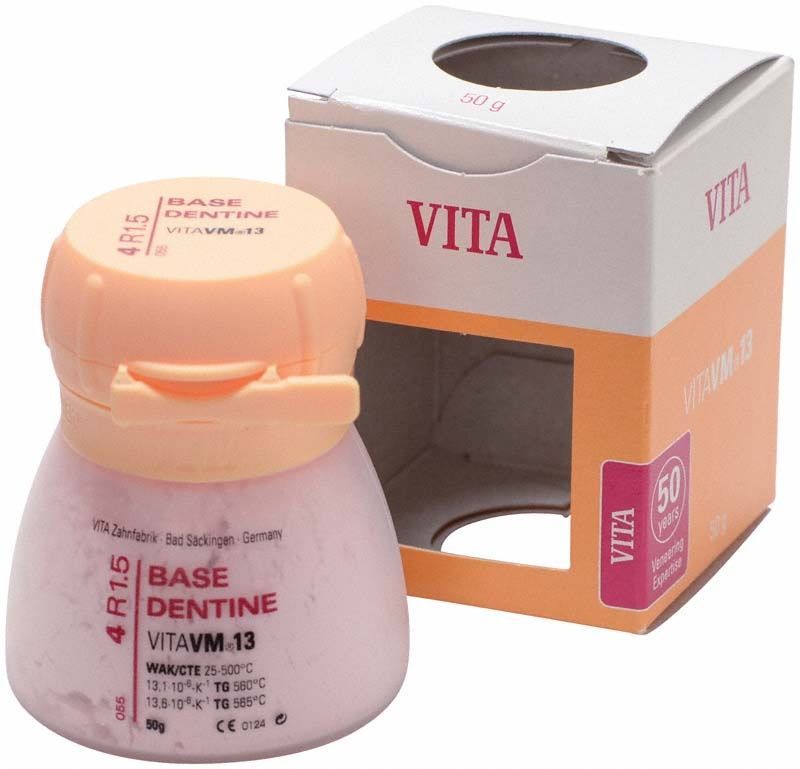 VM13 3D Base Dentin 50g 4R1.5 Verpackung und Dose mit rosafarbenem Inhalt.
