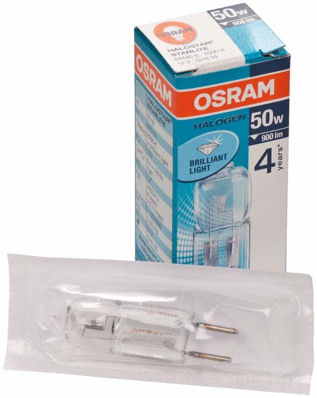 OP-Lampe Osram 12V 50W mit Verpackung und klarer Glühbirne.