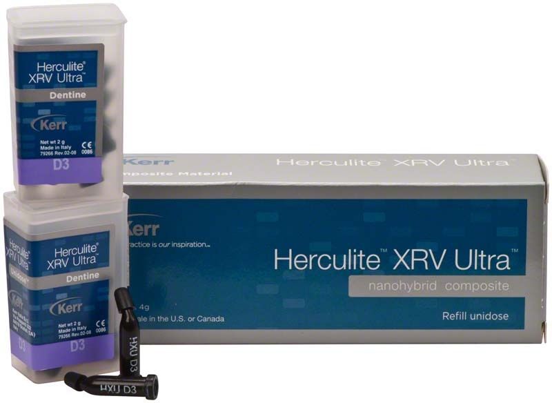 Herculite XRV Ultra Dentin Unidose D3 in Verpackung mit Produktname sichtbar.