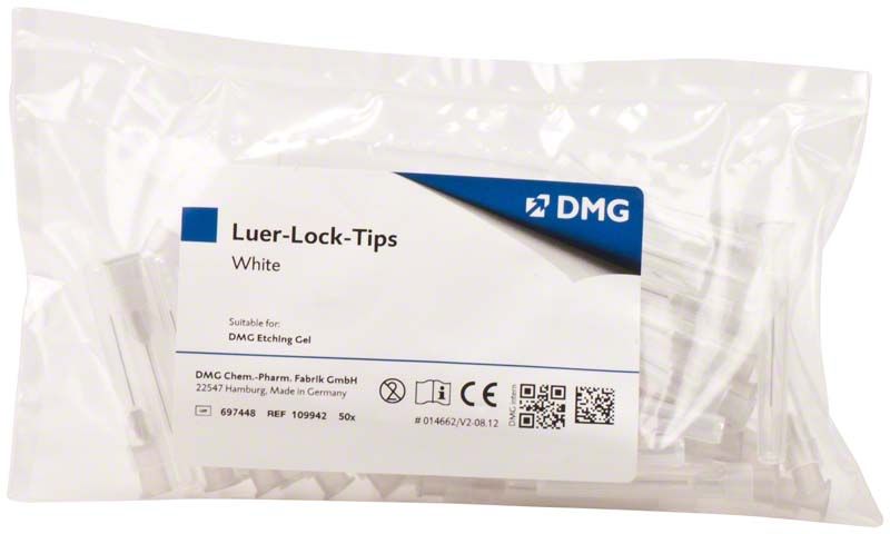 Luer-Lock Tips weiß in transparentem Beutel mit Etikett von DMG.