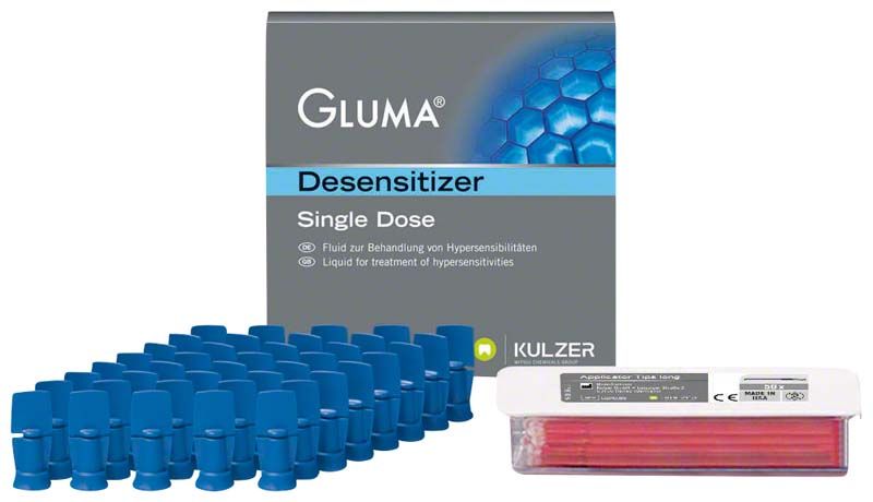 Gluma Desensitizer Einzelpackung mit blauen Applikatoren und Originalverpackung.