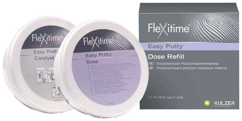 Flexitime easy putty Dosen mit Katalysator und Basis vor Verpackung.