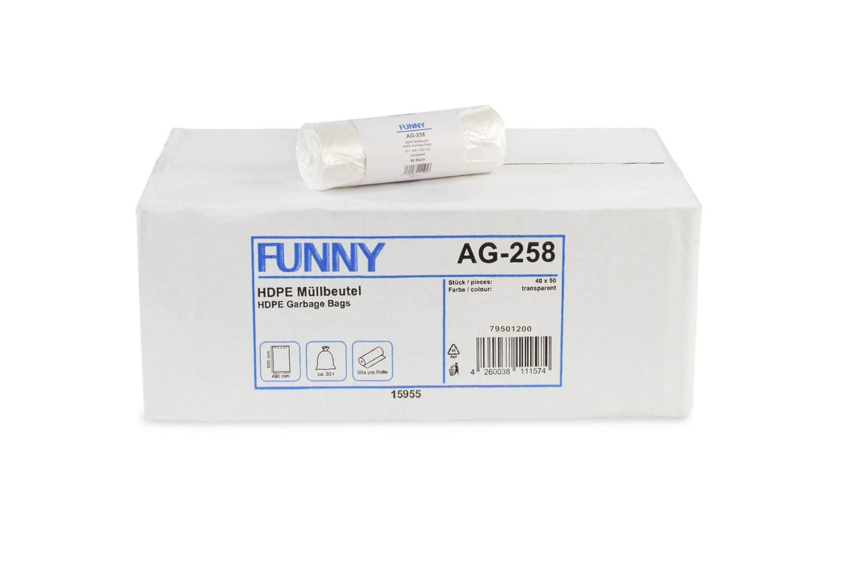 HDPE-Müllbeutelrolle auf Kartonverpackung der Marke Plock, 60 Liter.