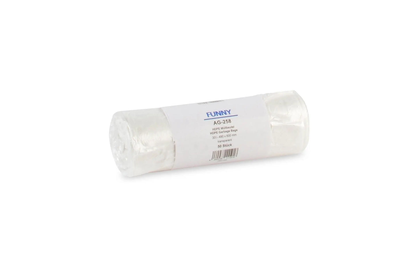 Müllbeutelrolle aus weißem HDPE-Material mit Etikett von Plock, 30 Liter.