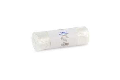 Müllbeutelrolle aus weißem HDPE-Material mit Etikett von Plock, 30 Liter.