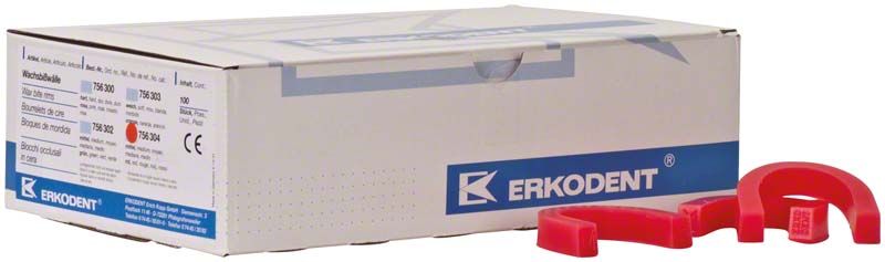 Wachsbisswälle gebogen mittel, rot, neben Verpackung von Erkoflex.