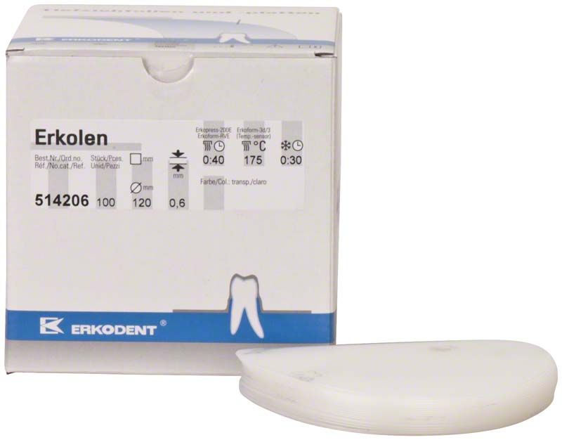 Erkolen-Folien für dentaltechnische Anwendungen, 120mm x 0,6mm, neben Verpackung.