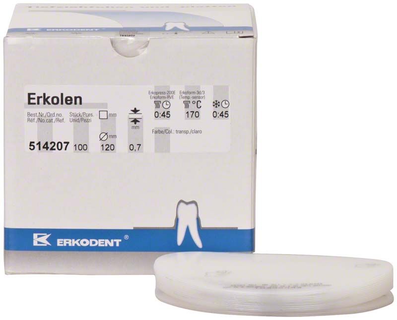 Erkodent Erkolen Tiefziehfolien in transparenter Verpackung.