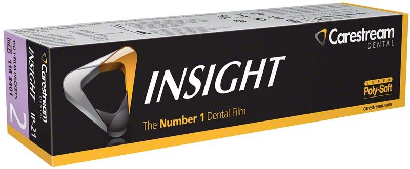 Kodak Insight Zahn-Röntgenfilmverpackung mit Carestream-Logo und Produktdetails.