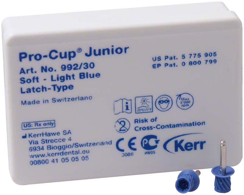 Pro-Cup™ Junior Weich (hellblau) Latch-Type Verpackung mit zwei Dentalaufsätzen.