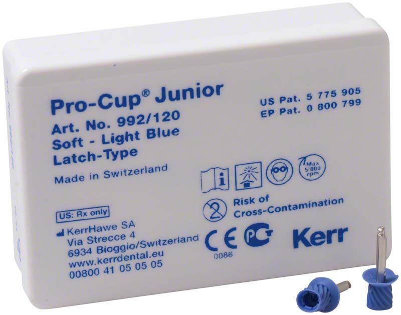Pro-Cup™ Junior Weich (hellblau) Latch-Type 120er Verpackung mit zwei Prophy Cups.