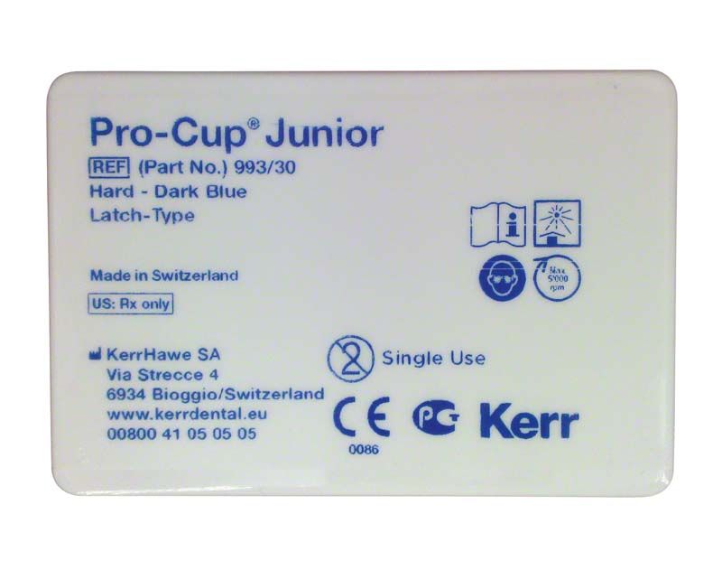 Pro-Cup™ Junior Hart dunkelblau in Verpackung mit Produktspezifikationen.