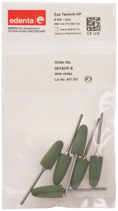 Exa Technique grün 6er Torpedo Polierer für Dentalkunststoffe in Verpackung.