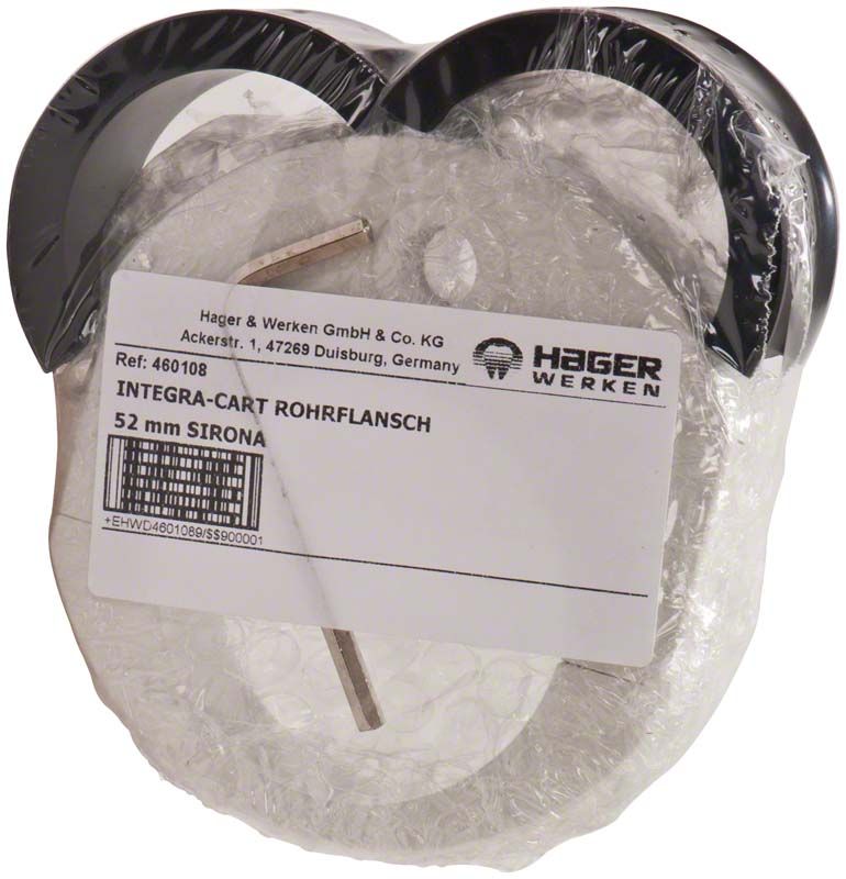 Integra Rohrflansch für Sirona mit Verpackungsetikett von Hager & Werken.