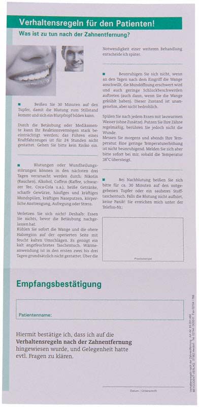 Verhaltensregeln nach Zahn-Extraktion mit Patienteninformation und Empfangsbestätigung.