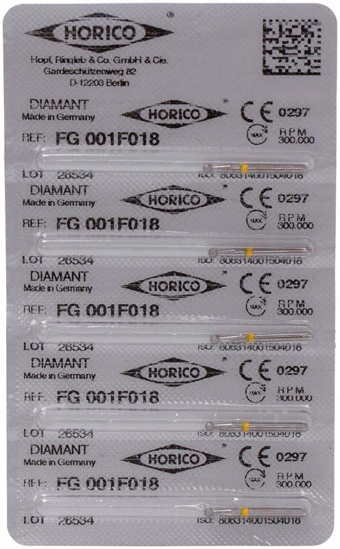 Blisterpackung mit zehn Diamant FG 001F 018 Dentalfräsen.