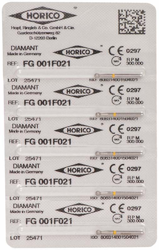 Verpackung mit Diamant FG 001F 021 Bohrern, 5 Stück.