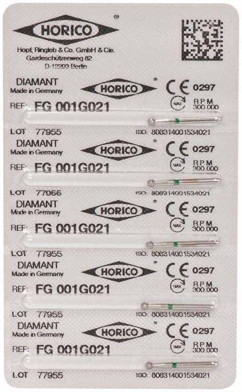 Verpackung von Diamantenschleifern FG 001G 021 für Dentalanwendungen.