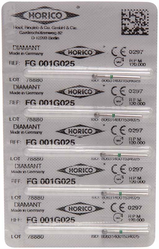 Verpackung von Diamant FG 001G 025 für dentale Anwendungen.