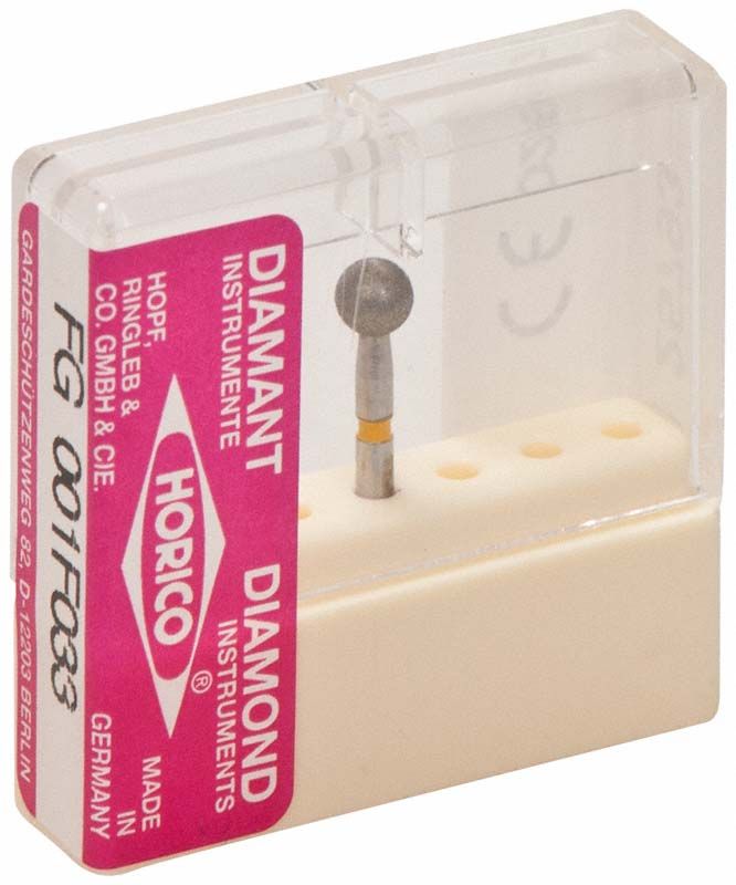 Diamantschleifer FG 001F 033 mit gelbem Ring in Kunststoffverpackung.