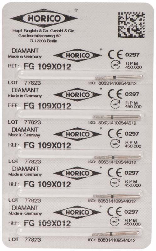 Verpackung der Diamantschleifer FG 109X 012 mit Herstellerinformationen.