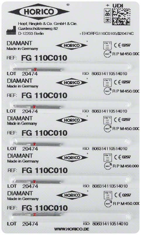 Blisterpackung mit Diamant FG 110C 010 Schleifinstrumenten, Made in Germany.