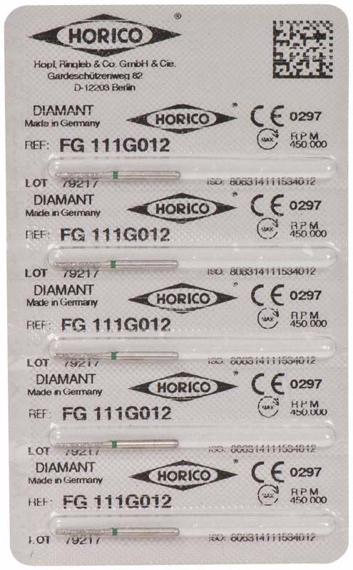 Blisterverpackung mit Diamantschleifern FG 111G 012, grün markiert.