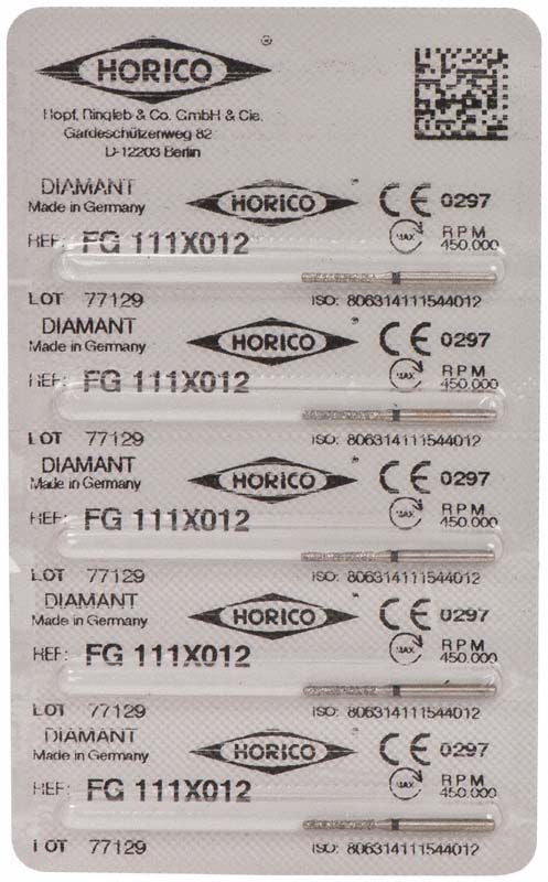 Verpackung mit fünf Diamant-FG-111X-012-Schleifkörpern von Horico.