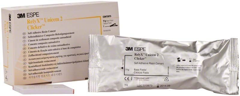 Selbstadhäsiver Composite-Befestigungszement RelyX™ Unicem 2 Clicker mit Verpackung.