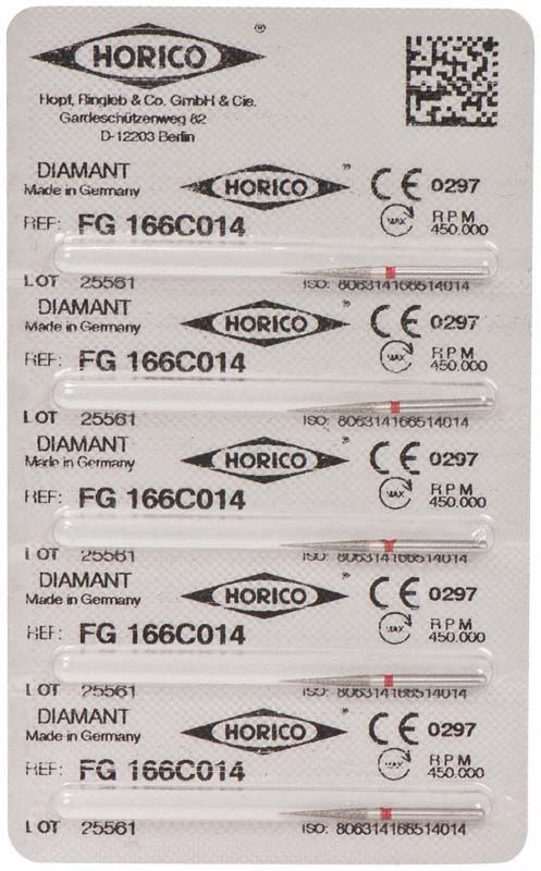 Blisterpackung mit fünf Diamantfräsen FG 166C 014 von Horico.