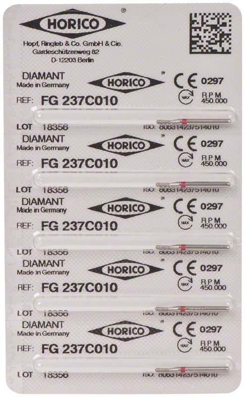 Verpackung mit fünf Diamant-FG-237C-010-Schleifinstrumenten von Horico.