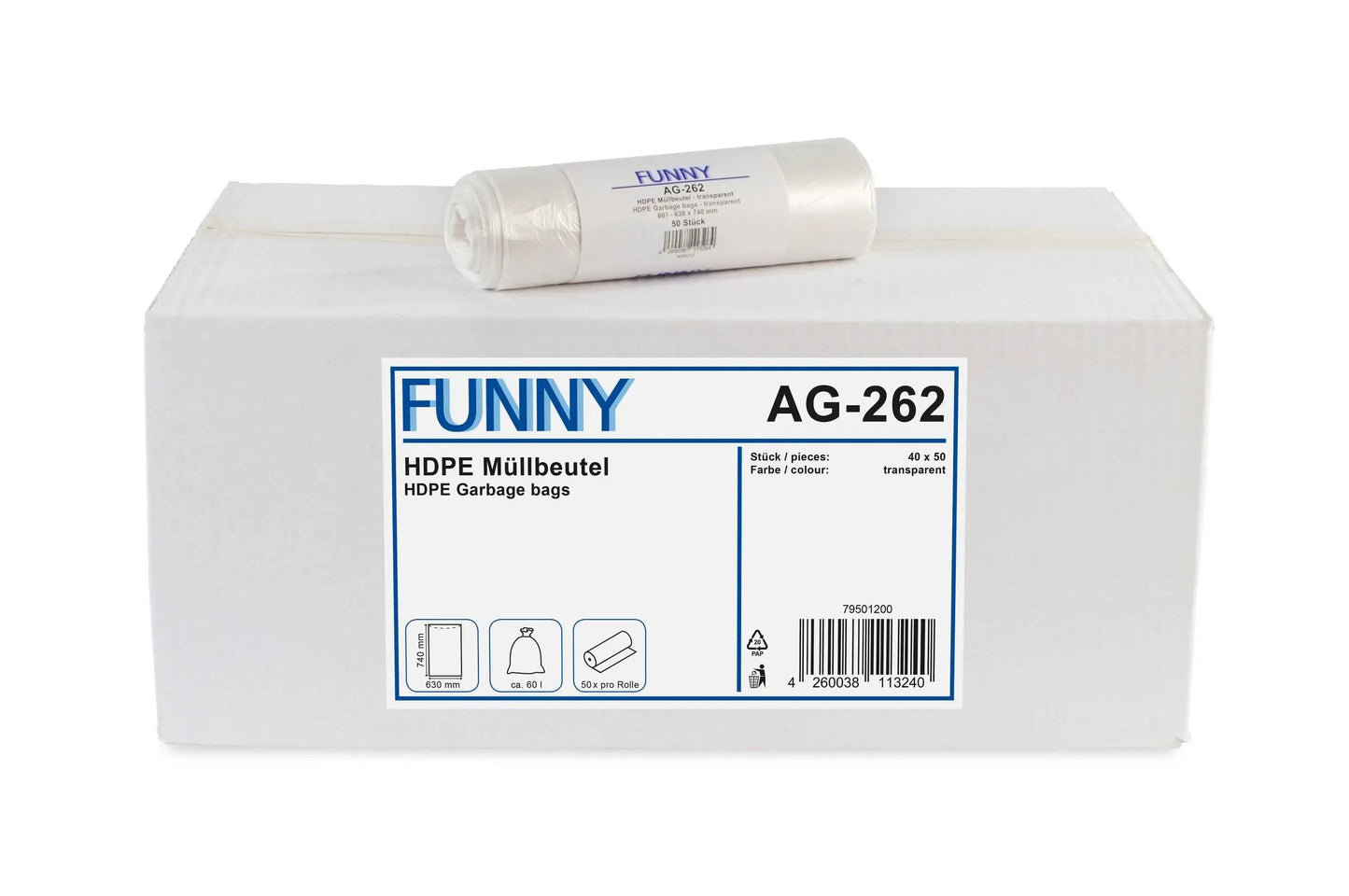 HDPE-Müllbeutelrolle auf weißem Karton mit Etikett der Marke Funny.
