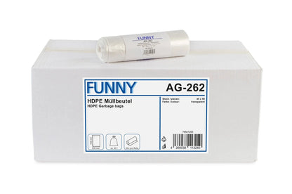 HDPE-Müllbeutelrolle auf weißem Karton mit Etikett der Marke Funny.