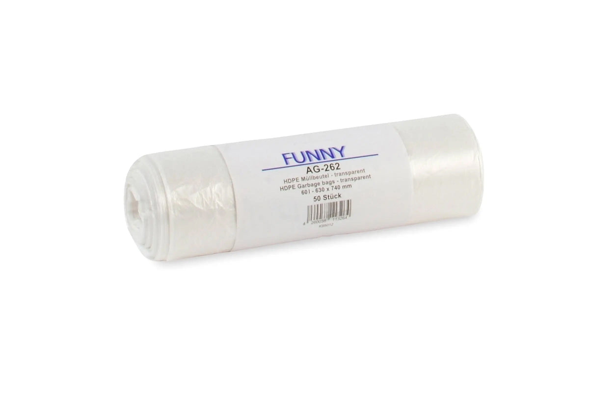 Rolle aus transparentem HDPE-Müllbeuteln der Marke Plock mit Etikett.