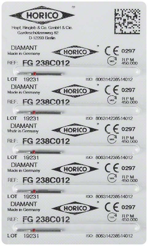 Blisterverpackung mit Diamant FG 238C 012 Dentalinstrumenten.