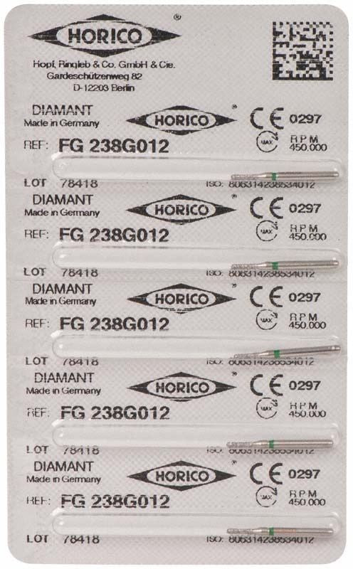 Blisterverpackung mit Diamantschleifer FG 238G 012 für Zahnarztanwendungen.