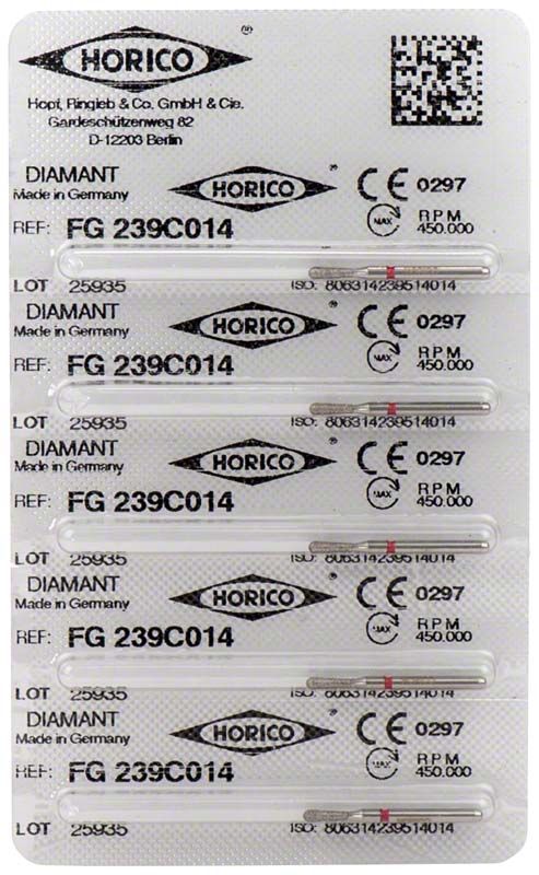 Verpackung mit fünf Diamant-Schleifinstrumenten FG 239C 014 von Horico.