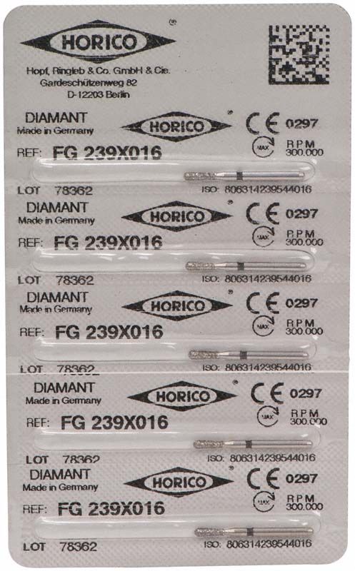 Verpackung mit sechs Diamantschleifern FG 239X 016 für Zahnmedizin.