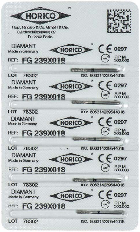 Blisterpackung mit Diamantschleifer FG 239X 018 von Horico.