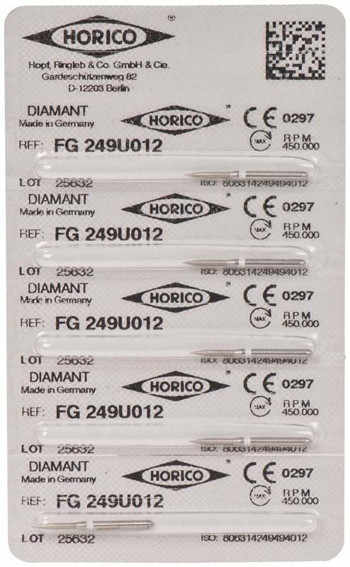 Blisterverpackung mit fünf Diamant FG 249U 012 Dentalbohrern.