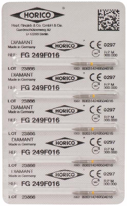 Verpackung von Diamant FG 249F 016 Zahnbohrern, Made in Germany.