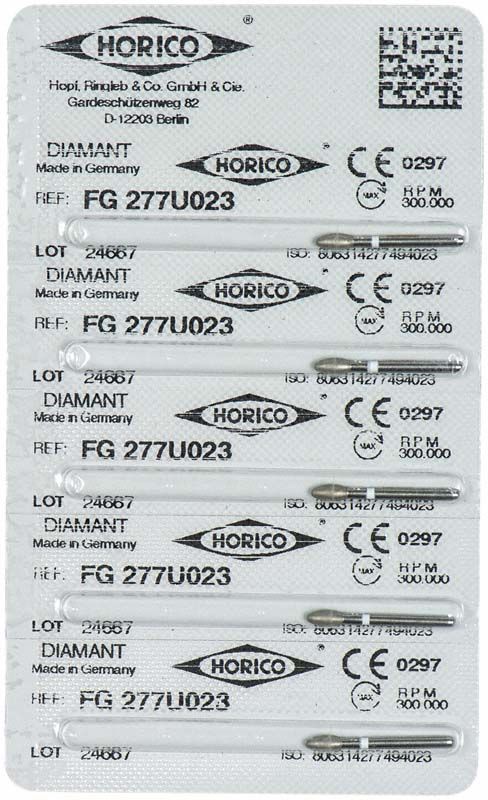 Blisterverpackung mit Diamant FG 277U 023 Zahnfräsern von Horico.