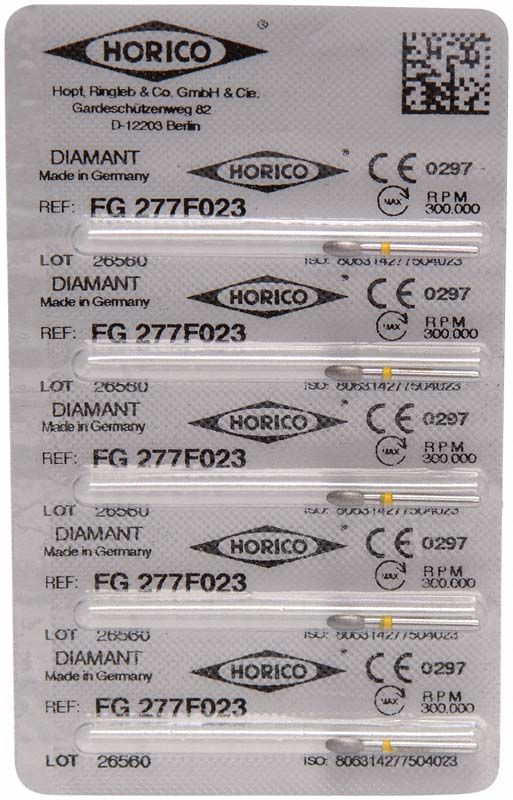 Verpackung von Diamantschleifern FG 277F 023 mit CE-Kennzeichnung.